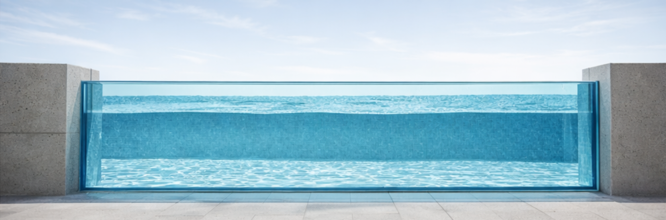 Wide view of acrylic pool window between concrete pillars with blue water, waterline, and stone paving