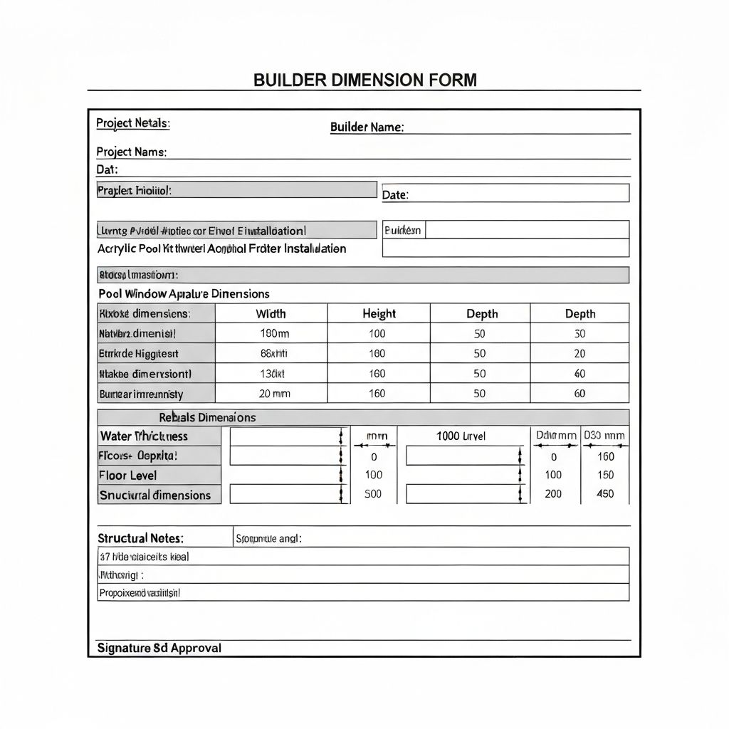 Hazler Pools Brighton builder dimension form showing aperture measurements, rebate specifications, and site confirmation details