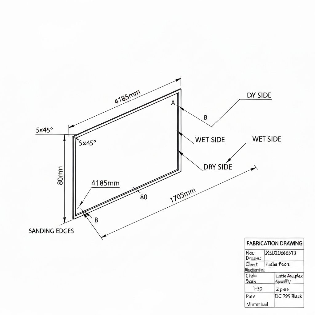 Hazler Pools Brighton fabrication drawing JXSD20260513 showing panel dimensions 4185mm x 1705mm x 80mm, chamfer details, paint lines, wet/dry orientation for Lucite Aquaplex acrylic pool window