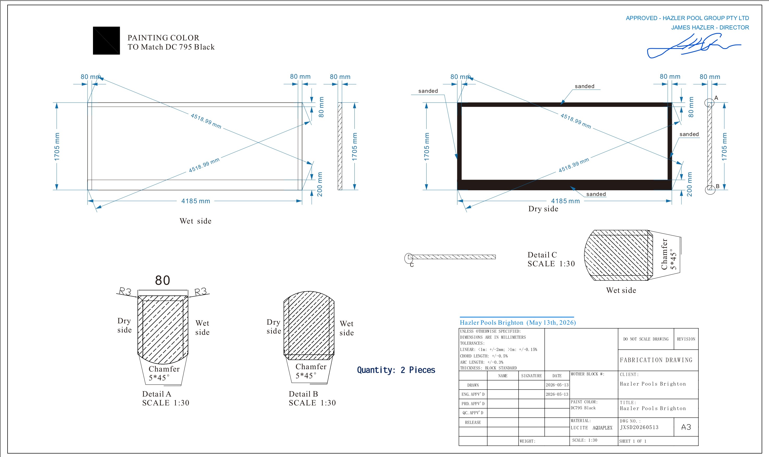 Fabrication drawing JXSD20260513 showing wet and dry side views of panel 4185mm x 1705mm x 80mm, chamfer details 5x45 degrees, paint lines, sanded edges, DC 795 Black paint color, approved by James Hazler
