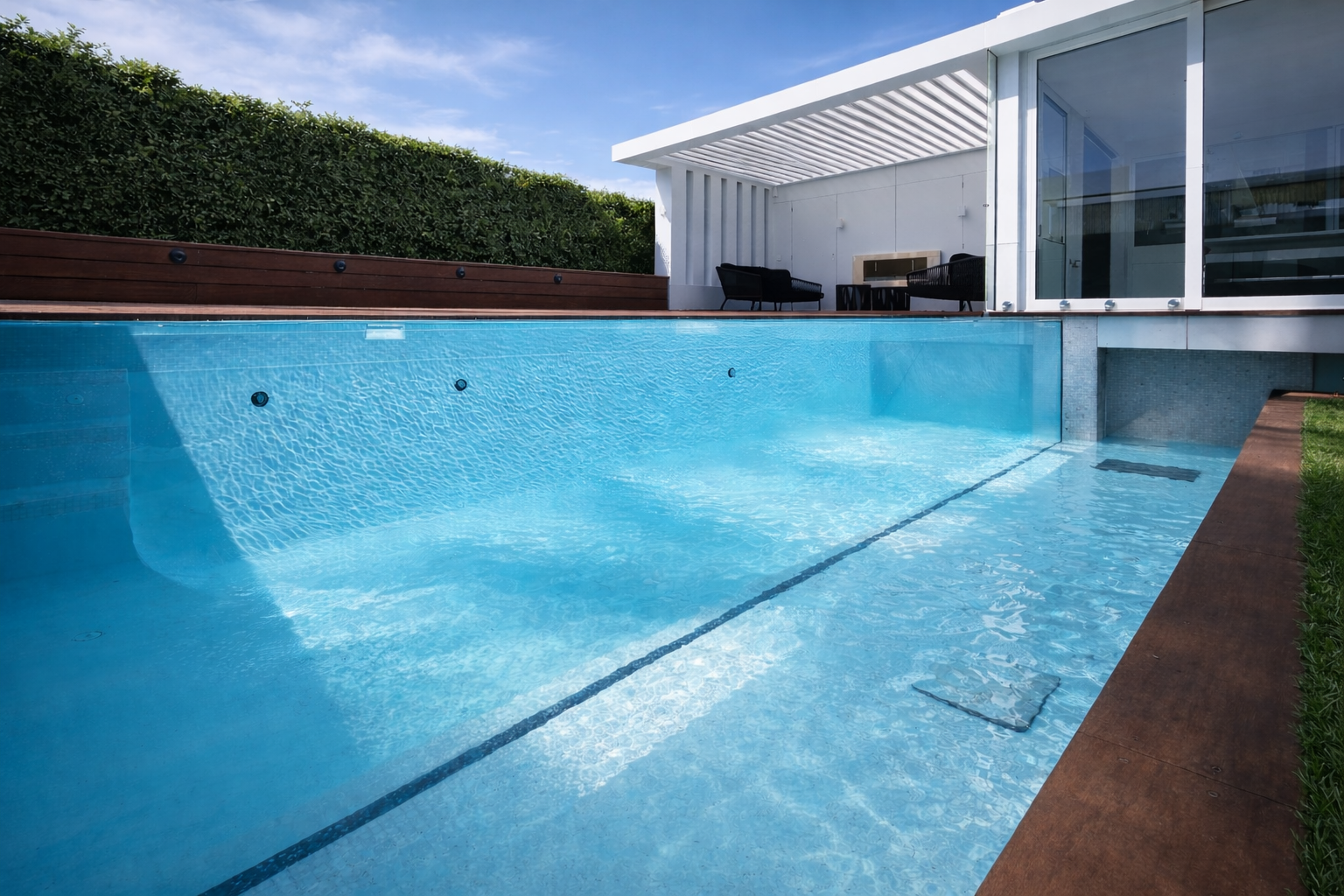 Modern white pavilion residence with turquoise pool featuring acrylic window walls surrounded by tropical landscaping