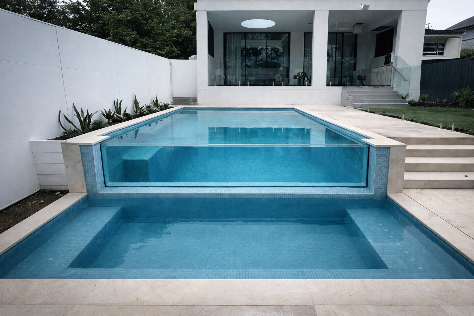 Modern residential pool with transparent acrylic viewing panel revealing turquoise blue tiled interior set in contemporary backyard with white residence